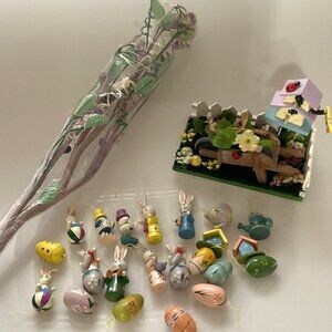 VINTAGE EASTER TREE WITH WOOD DECORATION SPRING FAIRY WHEELBARROW GARDEN